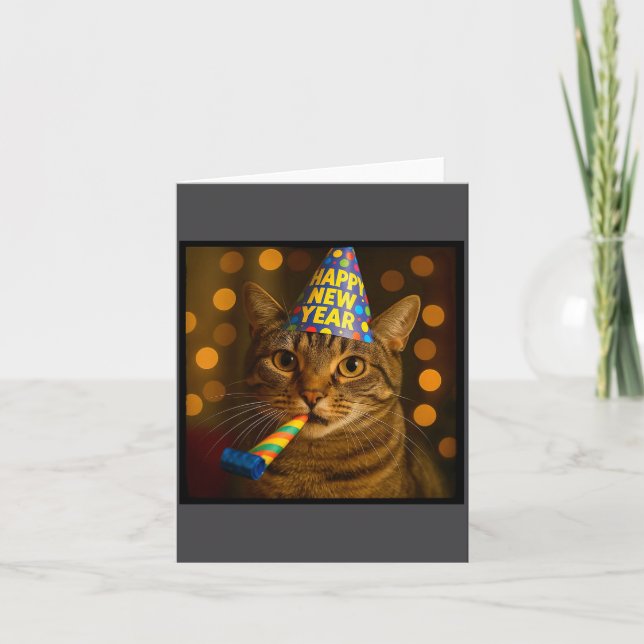 Happy New Year Cat Funny Party Hat Feline Meme Cel Kort (Framsida)