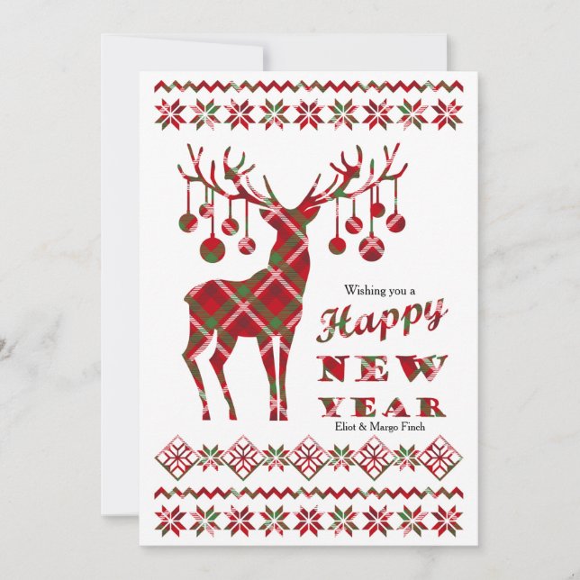 Happy New Year Checkered Reindeer Holiday Card Julkort (Framsida)