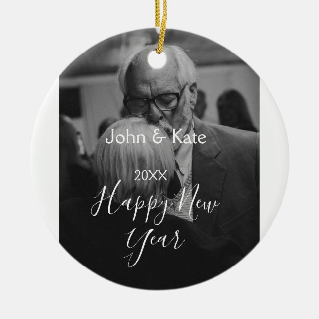Happy new year couple photo name year black white  julgransprydnad keramik (Framsidan)