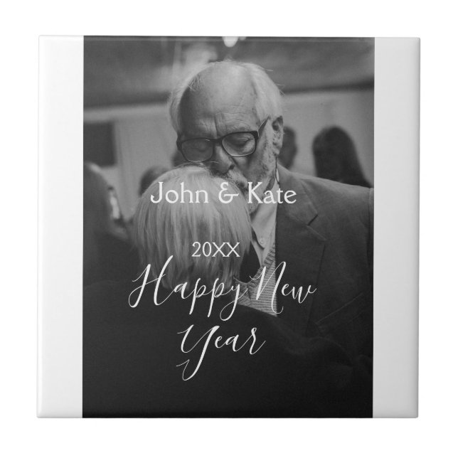 Happy new year couple photo name year black white  kakelplatta (Framsidan)