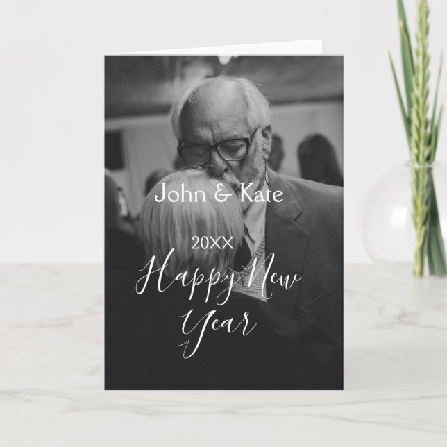 Happy new year couple photo name year black white  kort (Framsida)