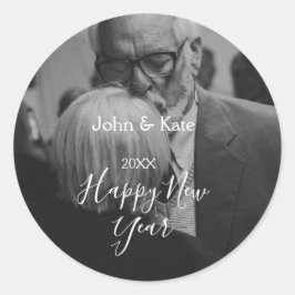 Happy new year couple photo name year black white  runt klistermärke