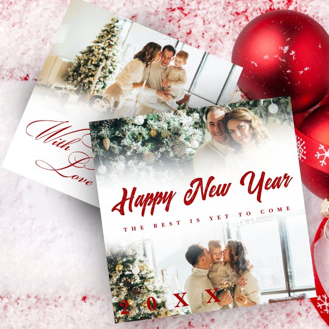 Happy New Year Custom Script 3 Collage Multi Photo Julkort (Skapare uppladdad)