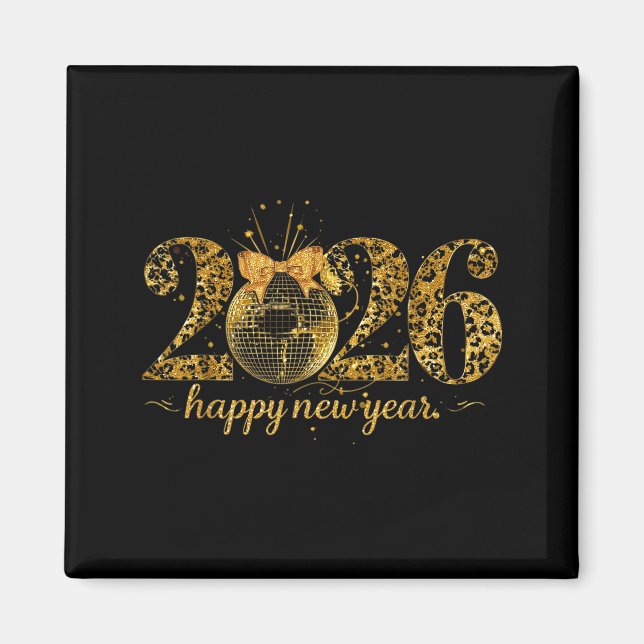 Happy New Year Cute Gold Disco Ball Bow New Year's Magnet (Framsidan)