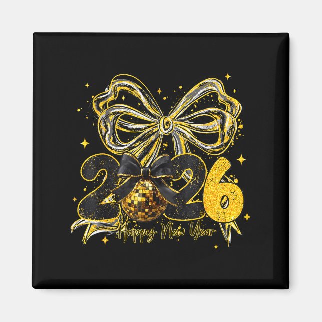 Happy New Year Cute Gold Disco Ball Bow New Year's Magnet (Framsidan)