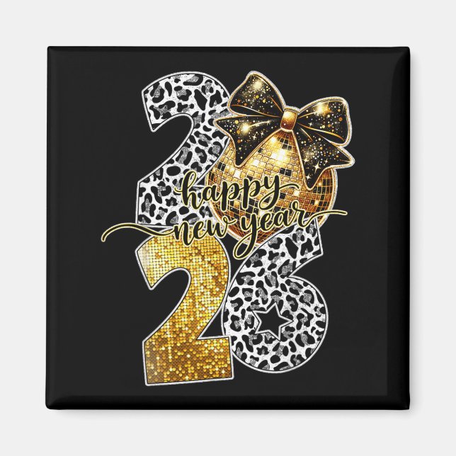 Happy New Year Cute Gold Disco Ball Bow New Year's Magnet (Framsidan)