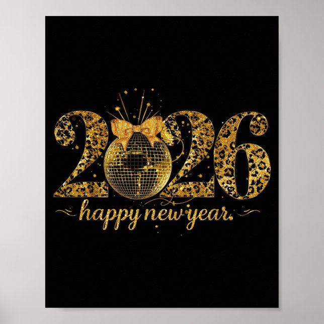 Happy New Year Cute Gold Disco Ball Bow New Year's Poster (Framsidan)