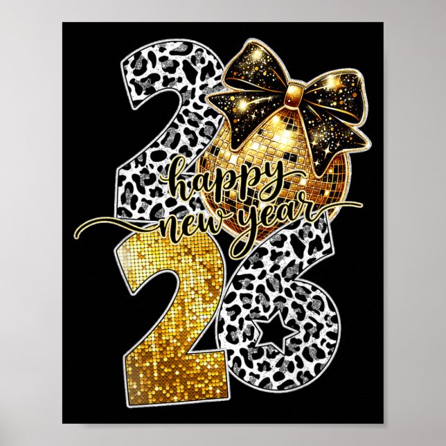Happy New Year Cute Gold Disco Ball Bow New Year's Poster (Framsidan)