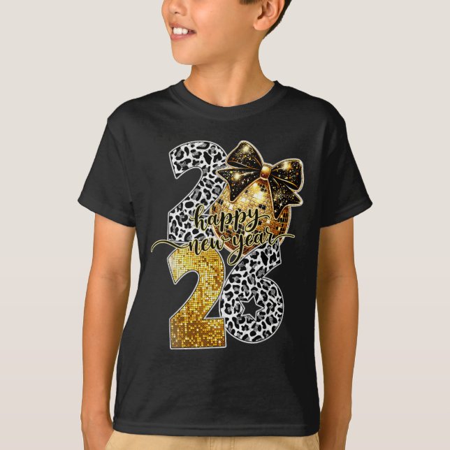Happy New Year Cute Gold Disco Ball Bow New Year's T Shirt (Framsida)