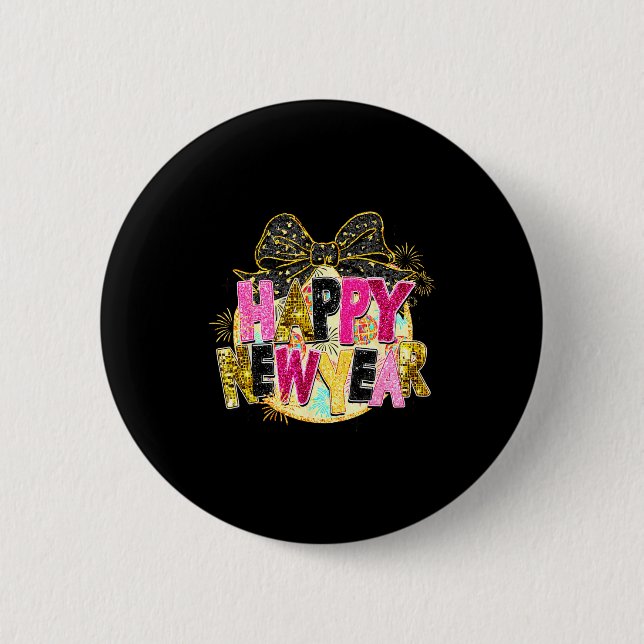 Happy New Year Disco Ball Coquette Bow New Years E Knapp (Framsida)