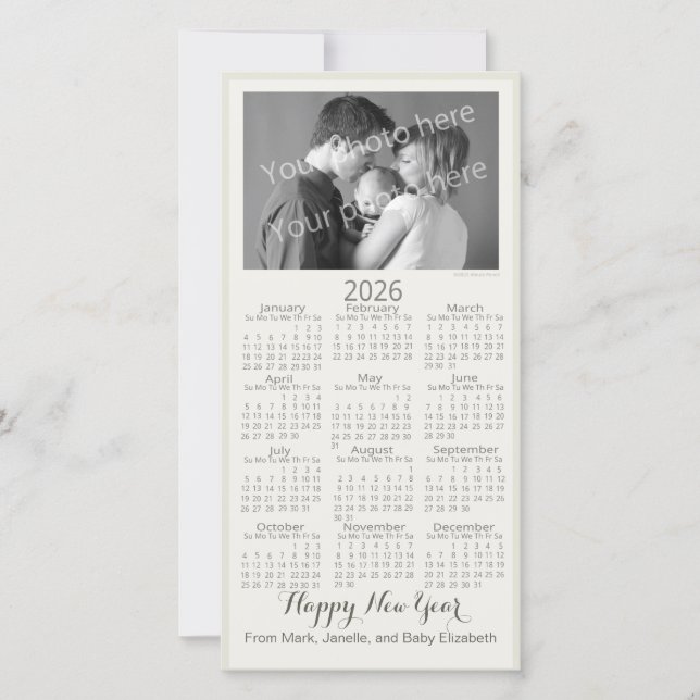 Happy New Year Elegant 2026 Calendar Your Photo Julkort (Framsida)
