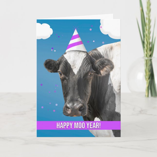 Happy New Year Funny Cow Wearing Party Hat Humor  Helgkort (Framsida)