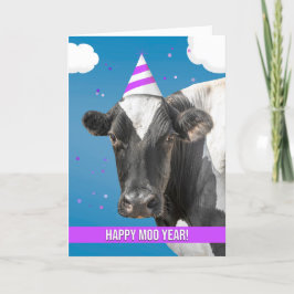Happy New Year Funny Cow Wearing Party Hat Humor Helgkort