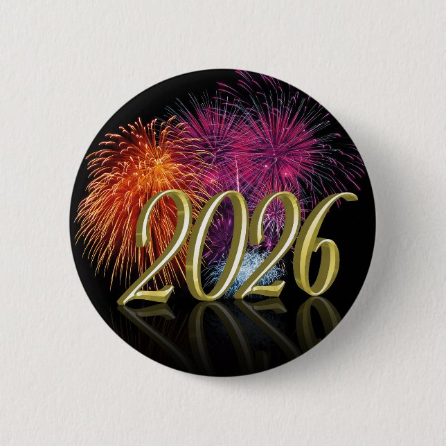 Happy New Year Gold 2026 Fireworks Button Knapp (Framsida)