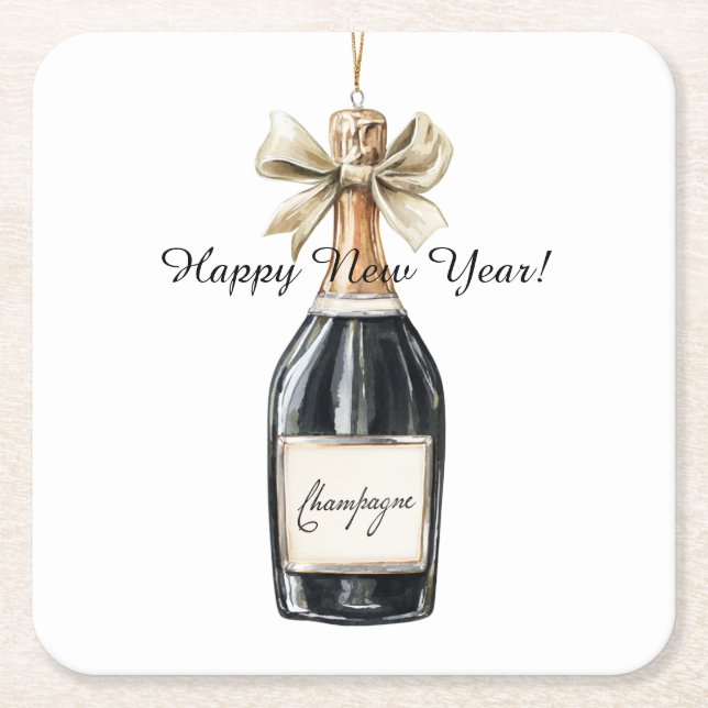 Happy New Year Gold Black Champagne Bottle Underlägg Papper Kvadrat (Framsidan)
