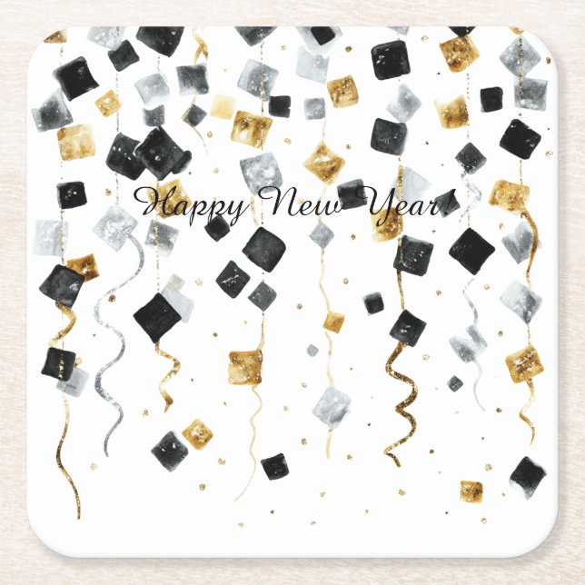 Happy New Year Gold Black Confetti Underlägg Papper Kvadrat (Framsidan)