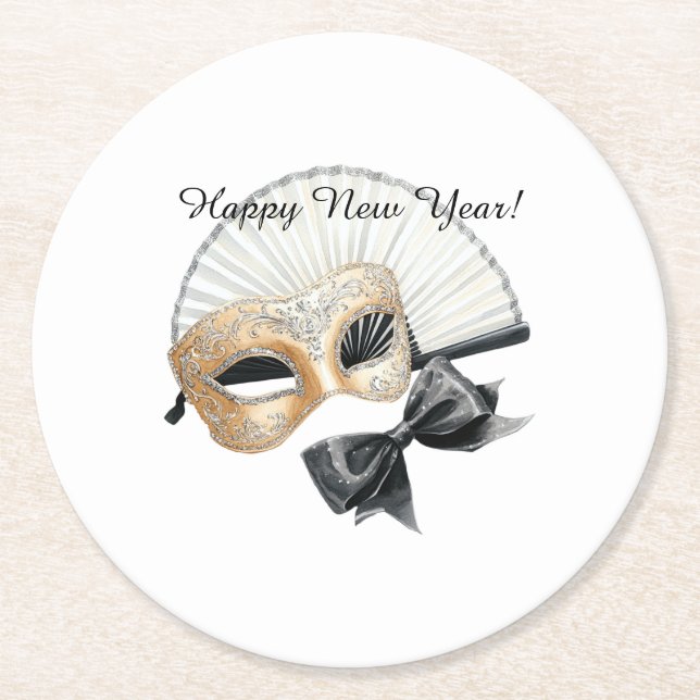 Happy New Year Gold Black Mask Underlägg Papper Rund (Framsidan)