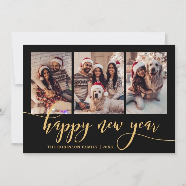 Happy New Year Gold Script 3 Photo Collage Black  Julkort (Framsida)