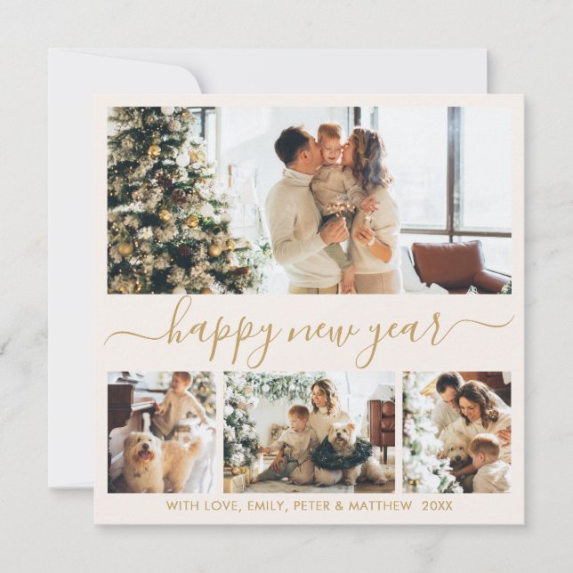 Happy New Year Gold Script 4 Photo Collage Neutral Julkort (Framsida)