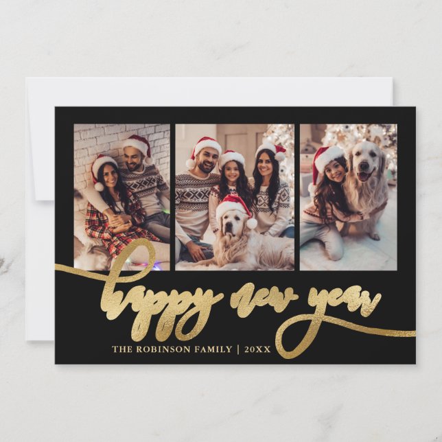 Happy New Year Gold Script Black 3 Photo Collage  Julkort (Framsida)