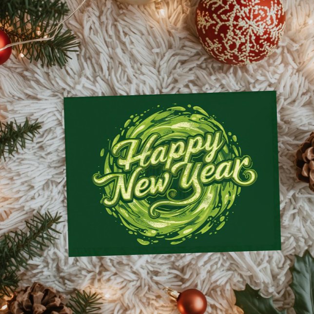 Happy new Year green Swirl Flat Card (Skapare uppladdad)