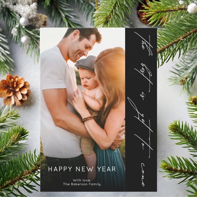 Happy New Year Handwritten Script Black Photo Julkort (Skapare uppladdad)