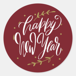 Happy New Year Modern Calligraphy Wreath Burgundy Runt Klistermärke