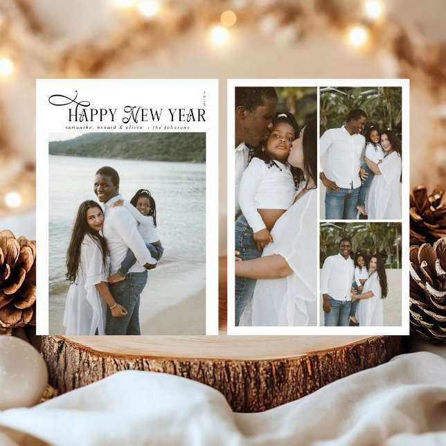 Happy New Year Modern Chic Family 4 Photos Collage Julkort (Skapare uppladdad)