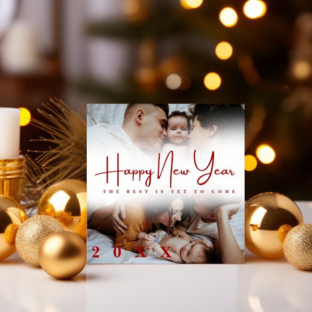 Happy New Year modern Script 3 Collage Multi Photo Julkort (Skapare uppladdad)