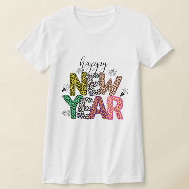 Happy New Year Multicolor Leopard Print Tee (Laydown)