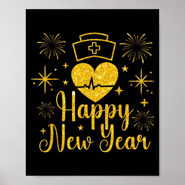 Happy New Year Nurses Heartbeat Fireworks New Year Poster (Framsidan)