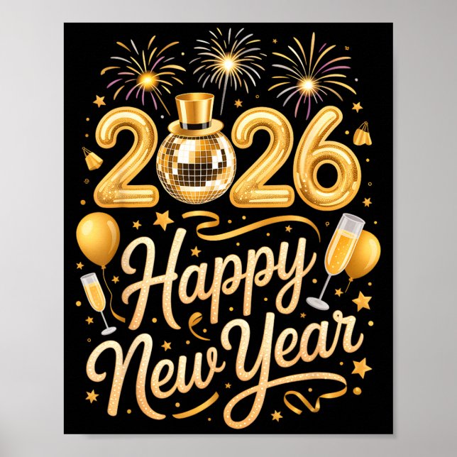 Happy New Year Party 2026 Funny Balloon Family Mat Poster (Framsidan)