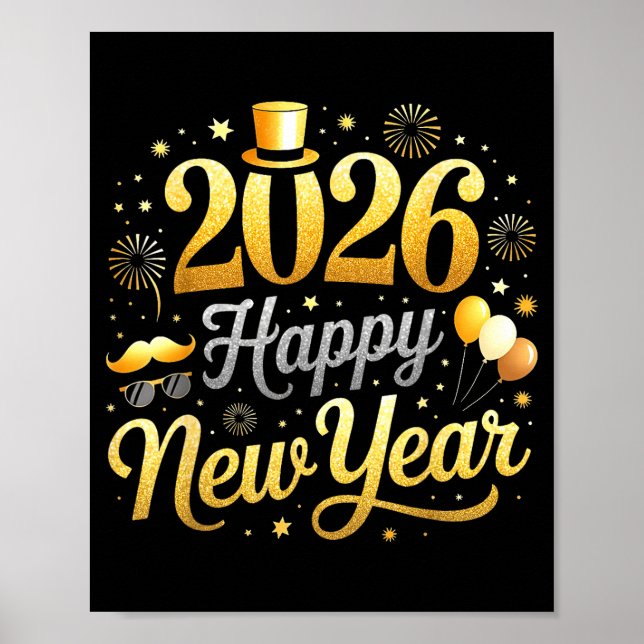 Happy New Year Party 2026 Funny Balloon Family Mat Poster (Framsidan)