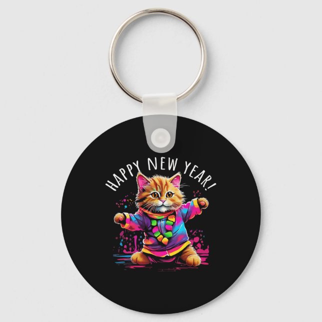 Happy New Year Party Dancing Cat Design  Nyckelring (Framsida)