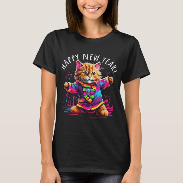 Happy New Year Party Dancing Cat Design  T Shirt (Framsida)