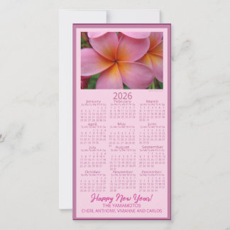 Happy New Year Pink Plumeria Flower 2026 Calendar Julkort