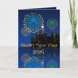 Happy New Year’s Eve Midnight Fireworks City Light Kort