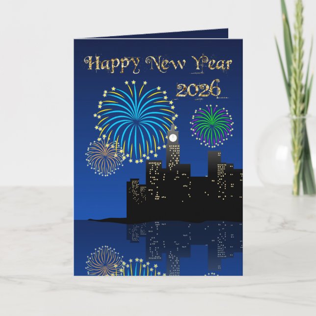 Happy New Year’s Eve Midnight Fireworks City Light Kort (Framsida)