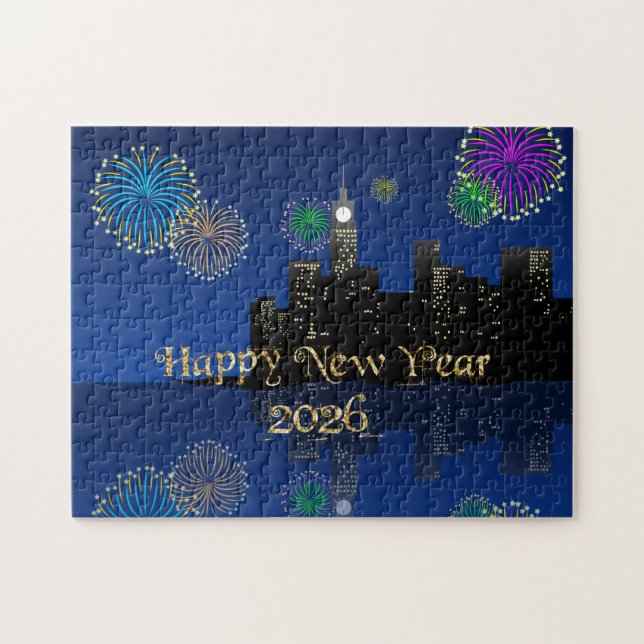 Happy New Year’s Eve Midnight Fireworks City Light Pussel (Horisontell)