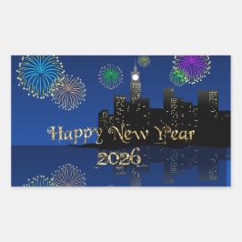 Happy New Year’s Eve Midnight Fireworks City Light Rektangulärt Klistermärke