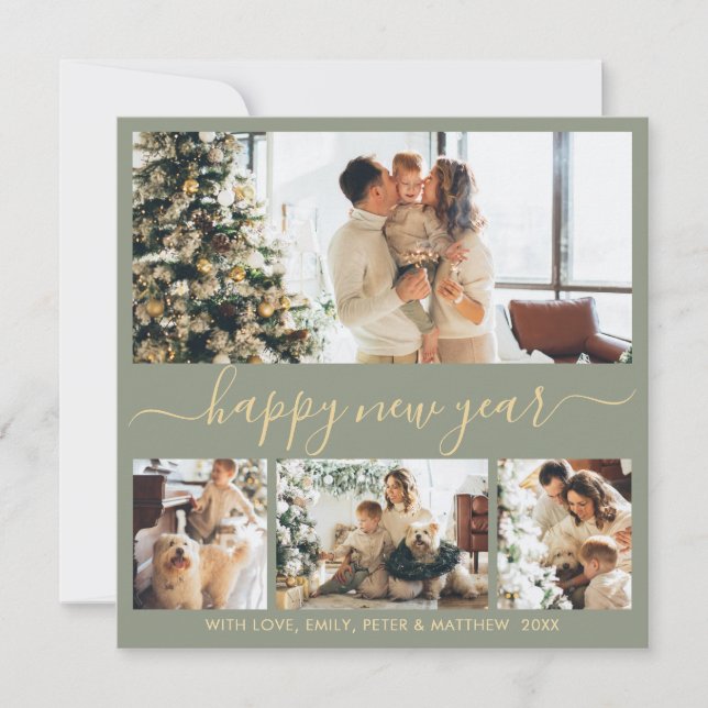 Happy New Year Script 4 Photo Collage Sage Green Julkort (Framsida)