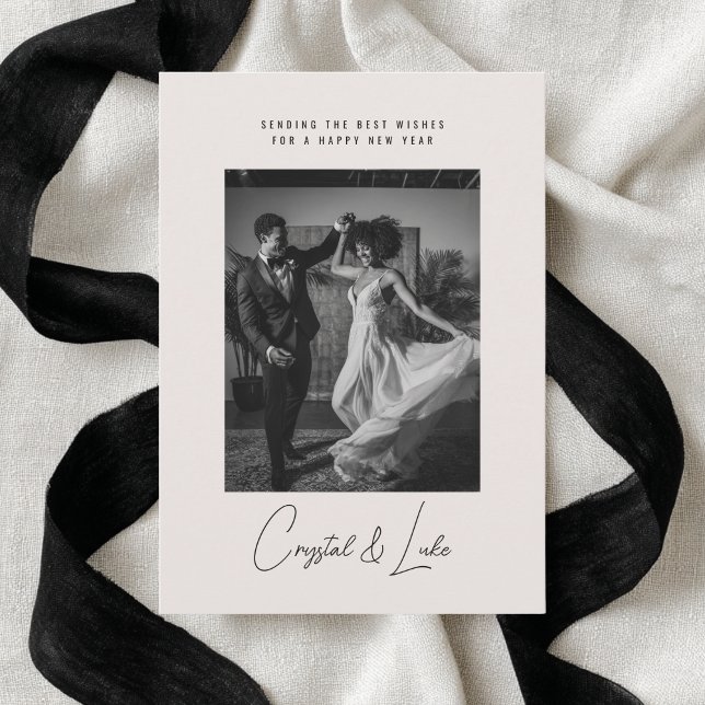 Happy New Year Simple Modern Script One Photo Julkort (Skapare uppladdad)