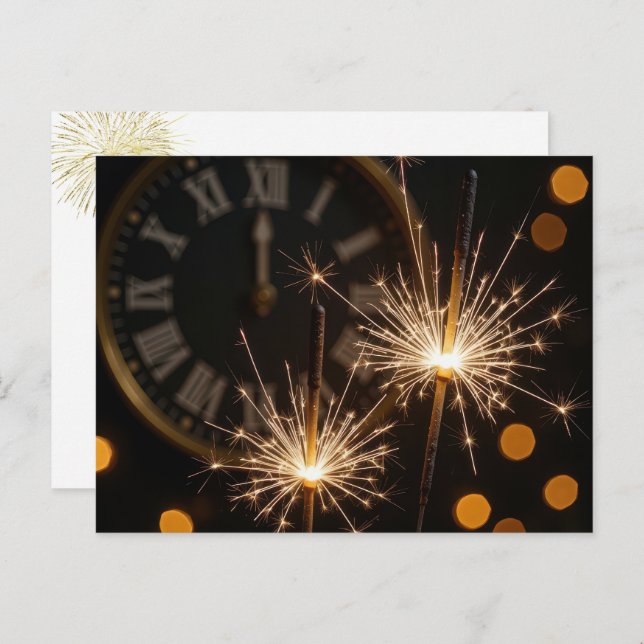 Happy New Year Sparklers On a Midnight Clock Vykort (Fram/baksida)