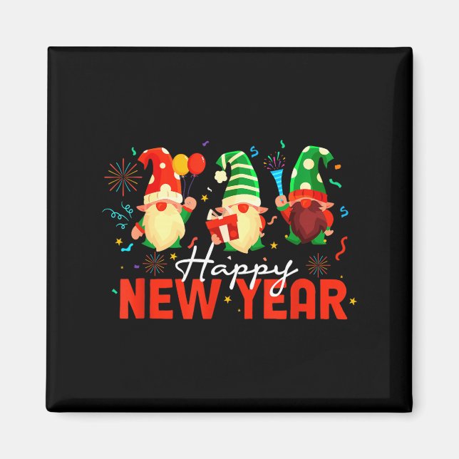 Happy New Year Three Gnomes Fireworks Confetti Nye Magnet (Framsidan)