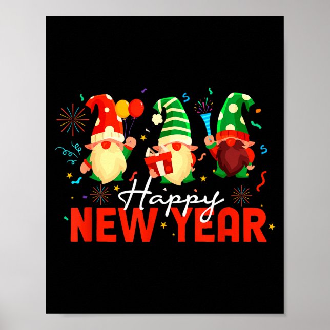 Happy New Year Three Gnomes Fireworks Confetti Nye Poster (Framsidan)