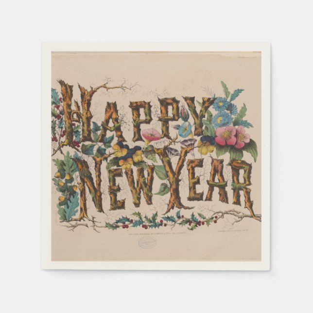  Happy New Year, Vintage Currier & Ives Print Pappersservett (Framsidan)