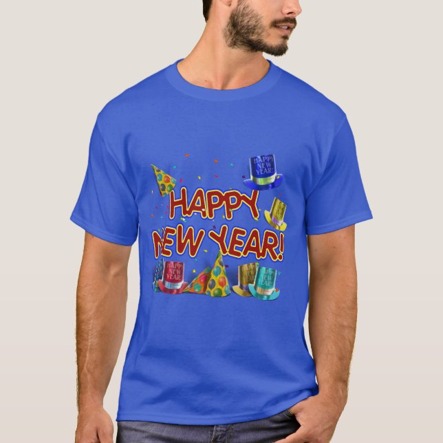Happy New Years Text w/Party Hats & Confetti T Shirt (Framsida)