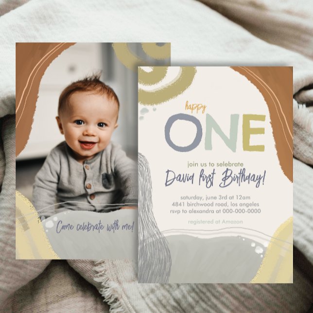 Happy One First Birthday Photo boy Invitation Inbjudningar (Skapare uppladdad)