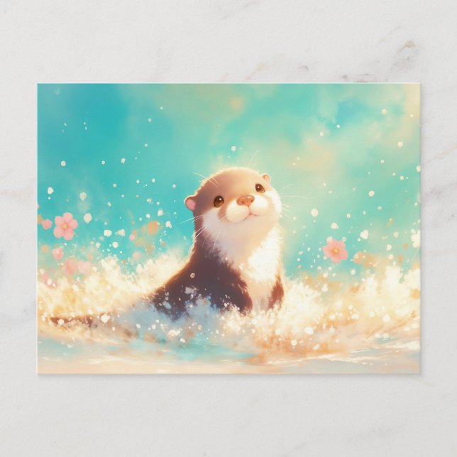 Happy Otter Splashing in Turquoise Sea Vykort (Framsida)