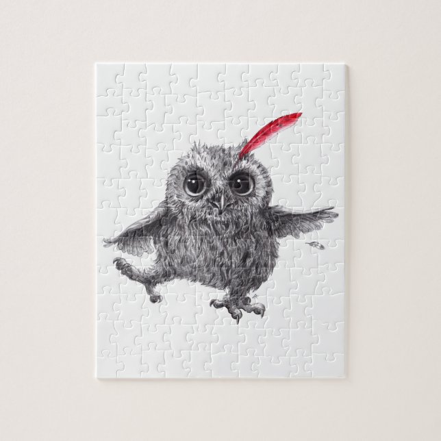 Happy Owl with Red Feather Pussel (Vertikal)
